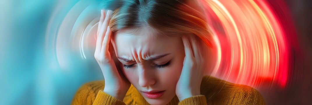 Woman experiencing vertigo and dizziness due to a brain tumor and cerebral thrombosis