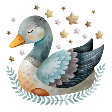 recommend clip art: Sleeping little goose watercolor isolated clipart baby clothes, pattern and textile