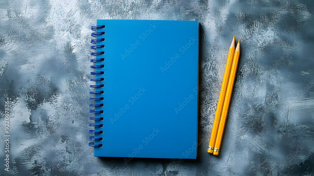 Poster top down view of open blue notebook and pencil on grey backdrop spiral bound school and office noteb
