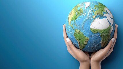Hands holding a globe against a blue background, symbolizing care and responsibility for the planet.