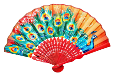 vibrant hand fan featuring peacock design and colorful decorations isolated on transparent background