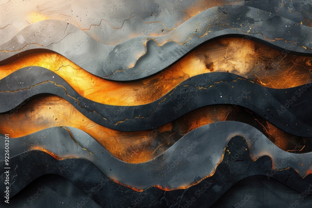 Poster textured black and gold waves intertwine in an intricate modern abstract design