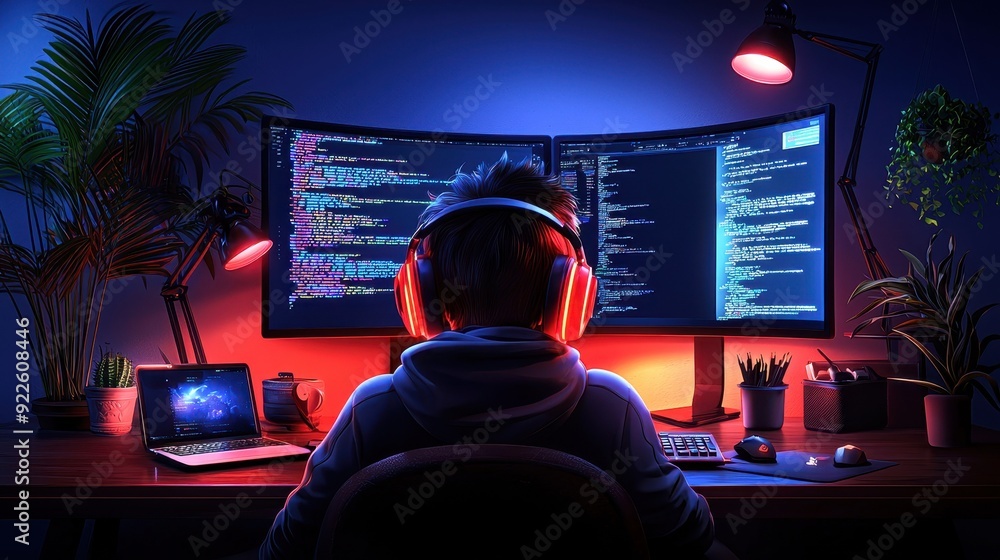 Poster a focused individual engages in coding at a dual monitor setup, immersed in a vibrant, tech-inspired