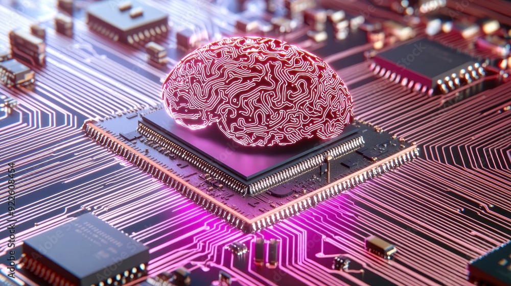Poster a futuristic image showcasing a brain on a circuit board, symbolizing the integration of technology 