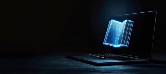A glowing 3D hologram of a book on a laptop screen in a dark setting.