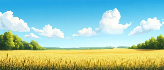Naklejka premium Golden Wheat Field Under a Blue Sky with Fluffy Clouds