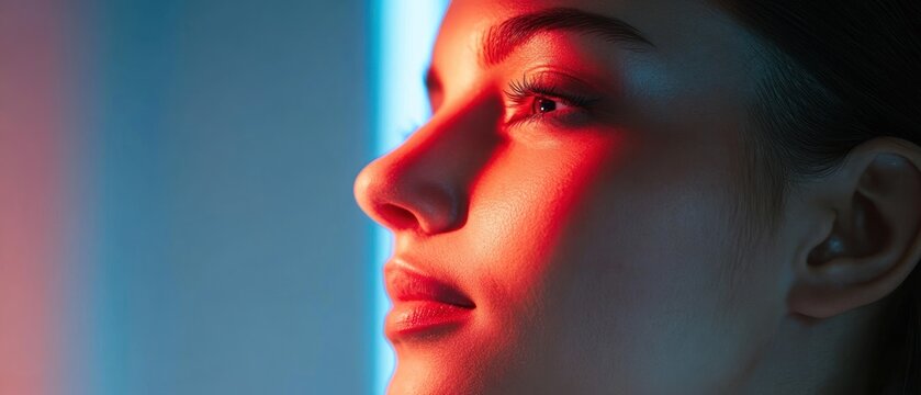 Female patient undergoes red LED light or RLT therapy for skin rejuvenation at modern luxury aesthetic clinic