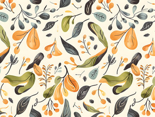 "Elegant Botanical Pattern with Autumn Leaves and Berries in Soft Earthy Tones"