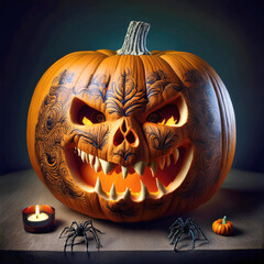 Spooky halloween pumpkin with tattoo carving dark background 