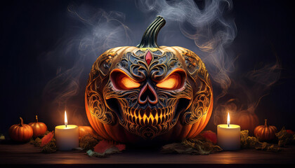 Spooky halloween pumpkin with tattoo carving dark background 
