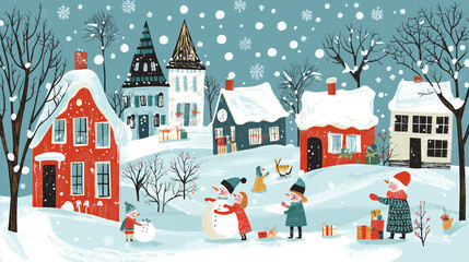 A winter scene with a group of children playing in the snow