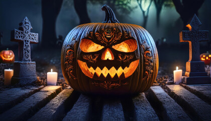 spooky halloween pumpkin with tattoo carving dark background 