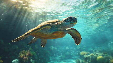 Obraz premium Image a marine life of sea turtle swimming underwater in clear blue water.