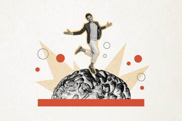 Composite photo collage of happy man jump cortex brain mind think organ brainstorm idea thought...