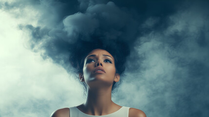 A woman with smoke billowing from her head, representing the concept of overthinking.