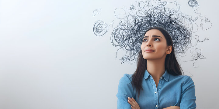 A beautiful woman with a tangled mass of lines on her face, mental confusion.