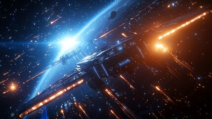 Image of futuristic spaceship in space battle over a planet.