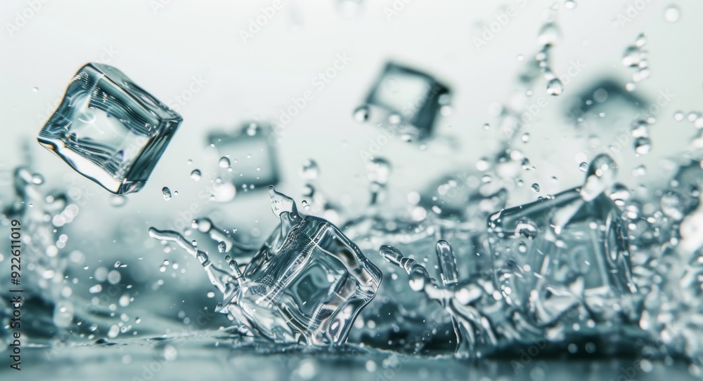 Poster ice cubes splashing in water in a bright and reflective setting