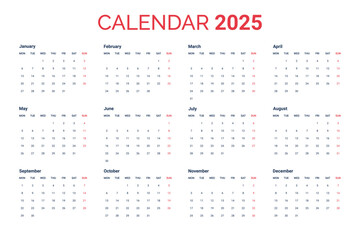 Calendar for 2025, week starts Monday Corporate Design Template vector.