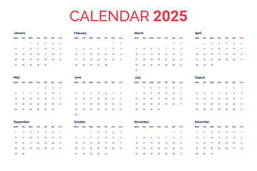 Calendar for 2025, week starts Monday design template transparent background.