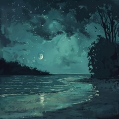 A Serene Nighttime Landscape With A Crescent Moon And Distant Trees Over A Tranquil Ocean
