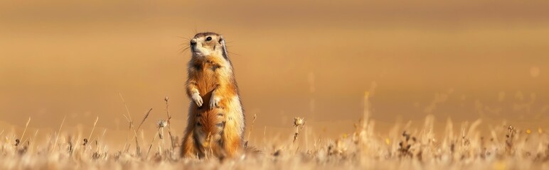 The proboscis marmot stands on its hind legs in the steppe, carefully examining the surroundings