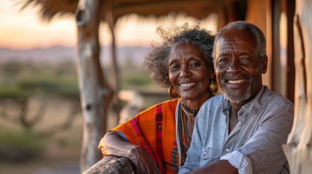 Happy romantic senior African American man and woman couple on a deserted tropical beach
