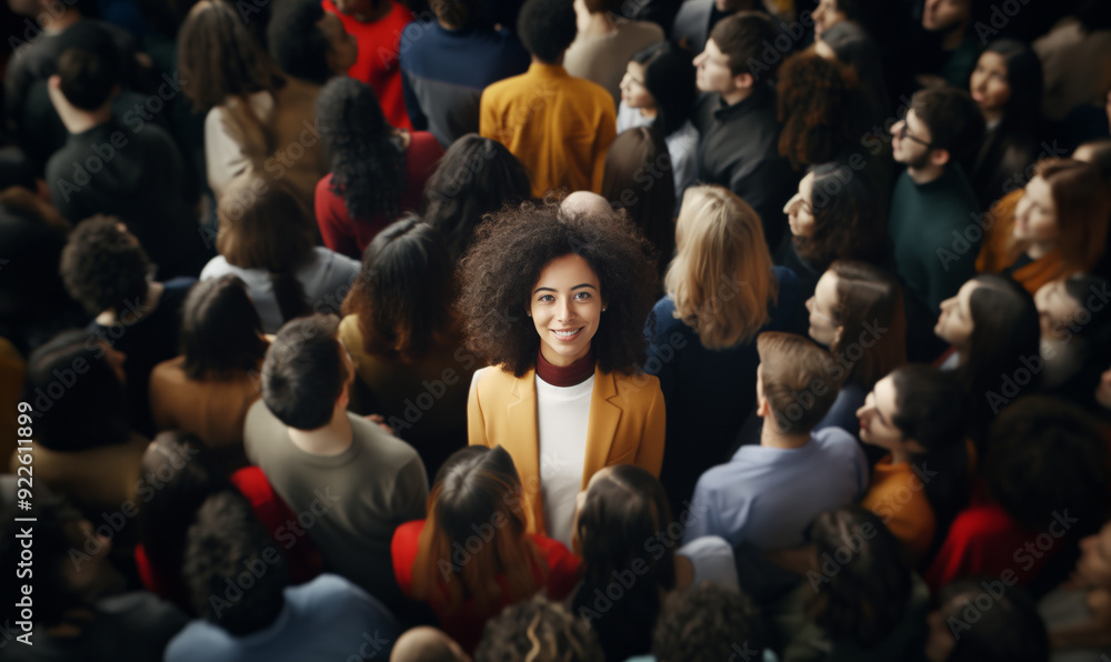 Wall mural smiling young woman with curly hair stands out confidently in a crowd, drawing attention amidst a se