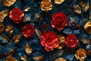 Red and Gold Paper Roses with Blue Leaves - Illustration