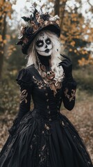Fototapeta premium Portrait of a happy woman with sugar skull makeup, skeleton gloves and bat wings on head scaring with hands and smiling isolated on yellow background. Halloween and Day of the Dead concept.