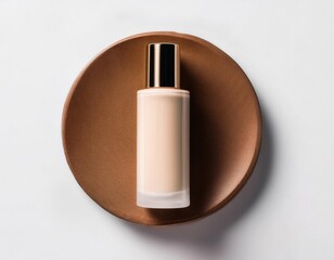Nude Foundation Bottle Mockup on Bronze Plate showcasing high-end beauty and skincare products.