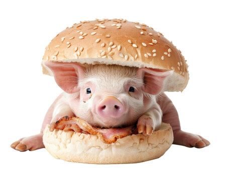 A provocative image of a piglet inside a burger bun, used to highlight anti-meat campaign messaging, blending cuteness with ethical commentary