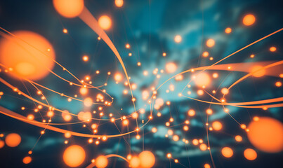 Abstract glowing light trails and nodes representing data transfer and global connectivity against a blurred background