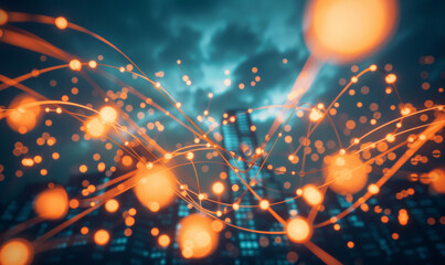 Abstract visualization of data networks with glowing orange connections on teal background