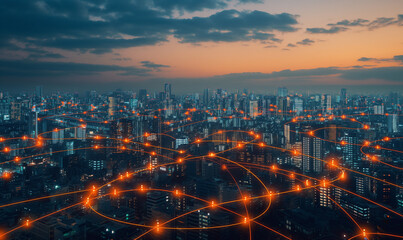 Futuristic cityscape at dusk with glowing light trails representing data transfer and global connectivity across urban infrastructure