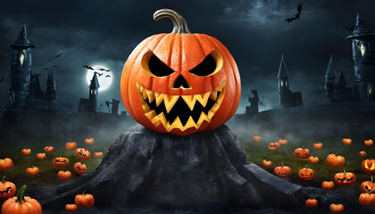 A spooky Halloween scene featuring a carved pumpkin with a menacing face, glowing orange eyes and sharp teeth.