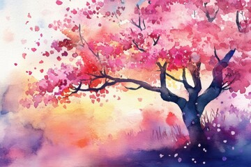 A watercolor painting of a blossoming tree in vibrant pinks and purples, exuding tranquility and warmth.