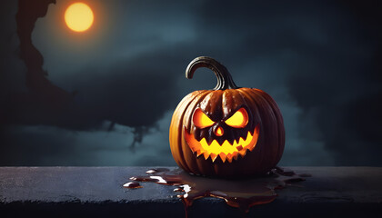 A spooky Halloween scene featuring a carved pumpkin with a menacing face, glowing orange eyes and sharp teeth.