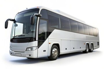 A pristine white tour bus, symbolizing travel, adventure, exploration, transportation, and freedom.