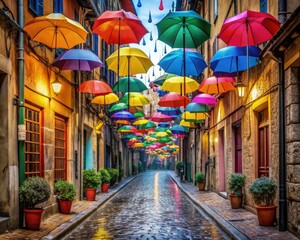 Naklejka premium Narrow, old street adorned with colorful umbrellas on a rainy day. Generative AI