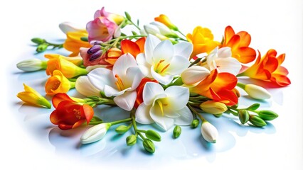 A delightful arrangement of freesia flowers in various shades of white, yellow, orange, and pink, showcasing the beauty and diversity of nature. The bouquet symbolizes joy, freshness