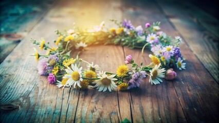 A vibrant wreath of wildflowers arranged on a weathered wooden surface, symbolizing nature's beauty,  freshness, and the passage of time.