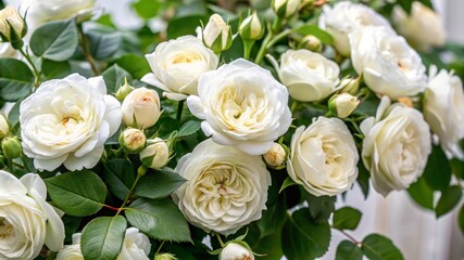 A beautiful bouquet of white roses with green leaves in a lush garden, symbolizing love, beauty, purity, and new beginnings.
