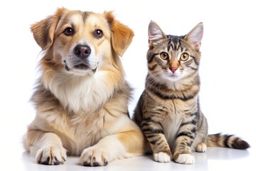 A playful dog and cat sit side-by-side, showcasing the unique bond between different species. Their attentive gaze, playful expressions, and contrasting fur create a heartwarming image.