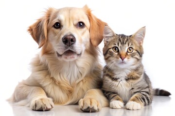 A golden retriever and a tabby cat sit side by side, their eyes locked in a playful gaze. This image represents friendship, loyalty, and the bond between different species.