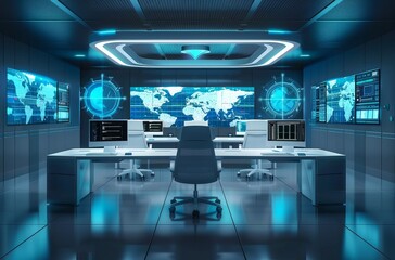 Naklejka premium room with chairs and table A futuristic control room with multiple monito interior with computers Futuristic office with augmented reality interfaces 