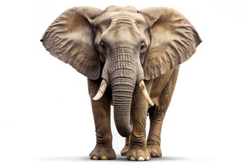 Obraz premium A powerful African elephant stands proudly in profile, its large ears fanned out, showcasing its strength and grace. The white background highlights the elephant's textured skin and impressive tusks