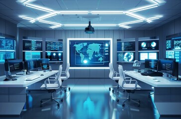 room with chairs and table A futuristic control room with multiple monito interior with computers Futuristic office with augmented reality interfaces 