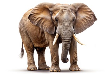 Fototapeta premium A powerful African elephant stands confidently against a pristine white backdrop, symbolizing strength, wisdom, and resilience. Its large ears, wrinkled skin