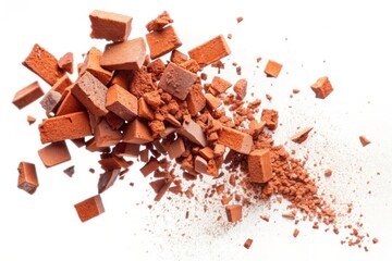 Fototapeta premium A broken brick explodes into pieces, showcasing a rich terracotta color and textured surface. This image symbolizes fragility, construction, and the process of transformation.